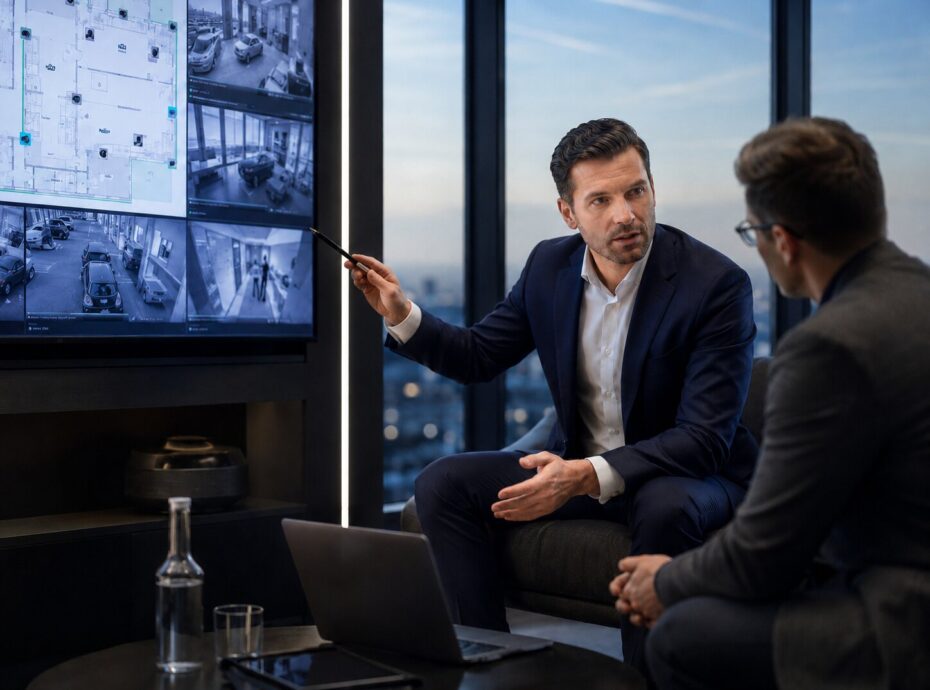 Zwei Männer besprechen Aufnahmen und einen Gebäudeplan auf einem Bildschirm