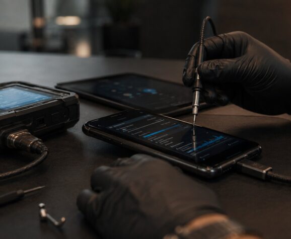 Techniker untersucht ein Smartphone mit angeschlossenem Prüfgerät