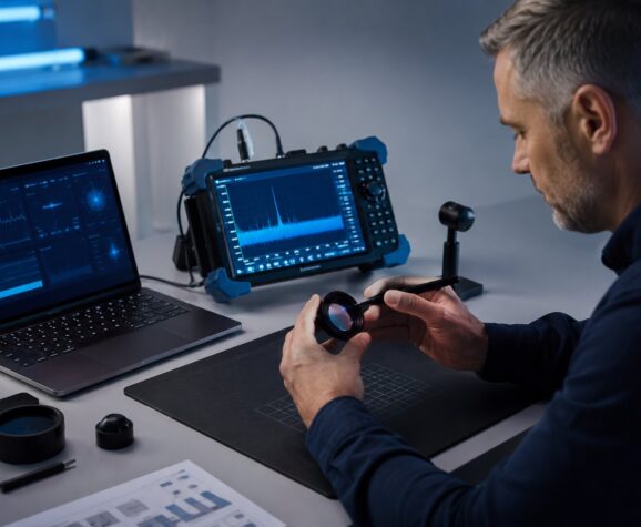 Techniker untersucht ein Bauteil neben Laptop und elektronischem Messgerät