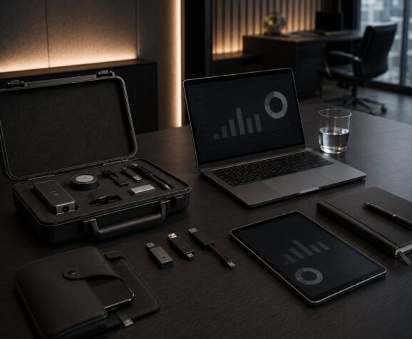Geöffneter Technikkoffer mit elektronischen Geräten neben Laptop und Tablet