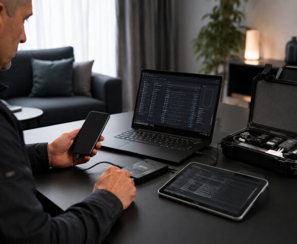 Techniker überprüft ein Smartphone mit Laptop und weiteren Prüfgeräten