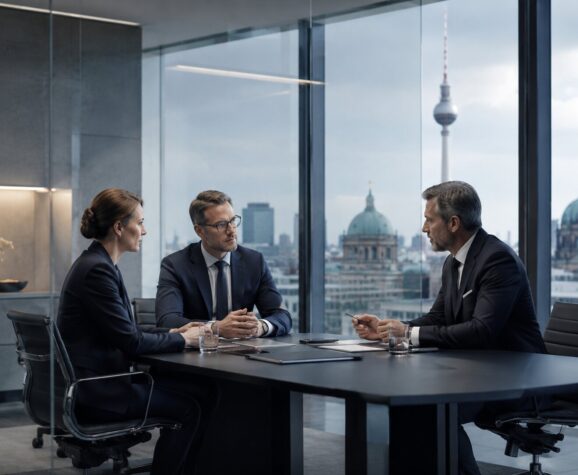 Drei Personen im Anzug bei einer Besprechung in einem modernen Büro