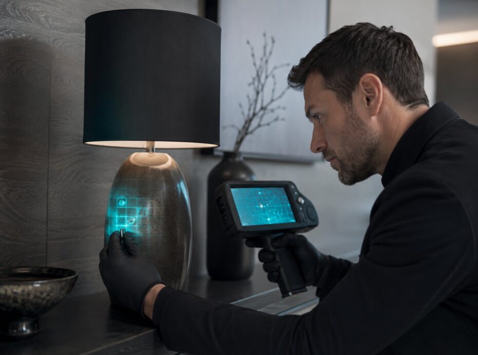 Techniker untersucht eine Tischlampe mit einem elektronischen Prüfgerät